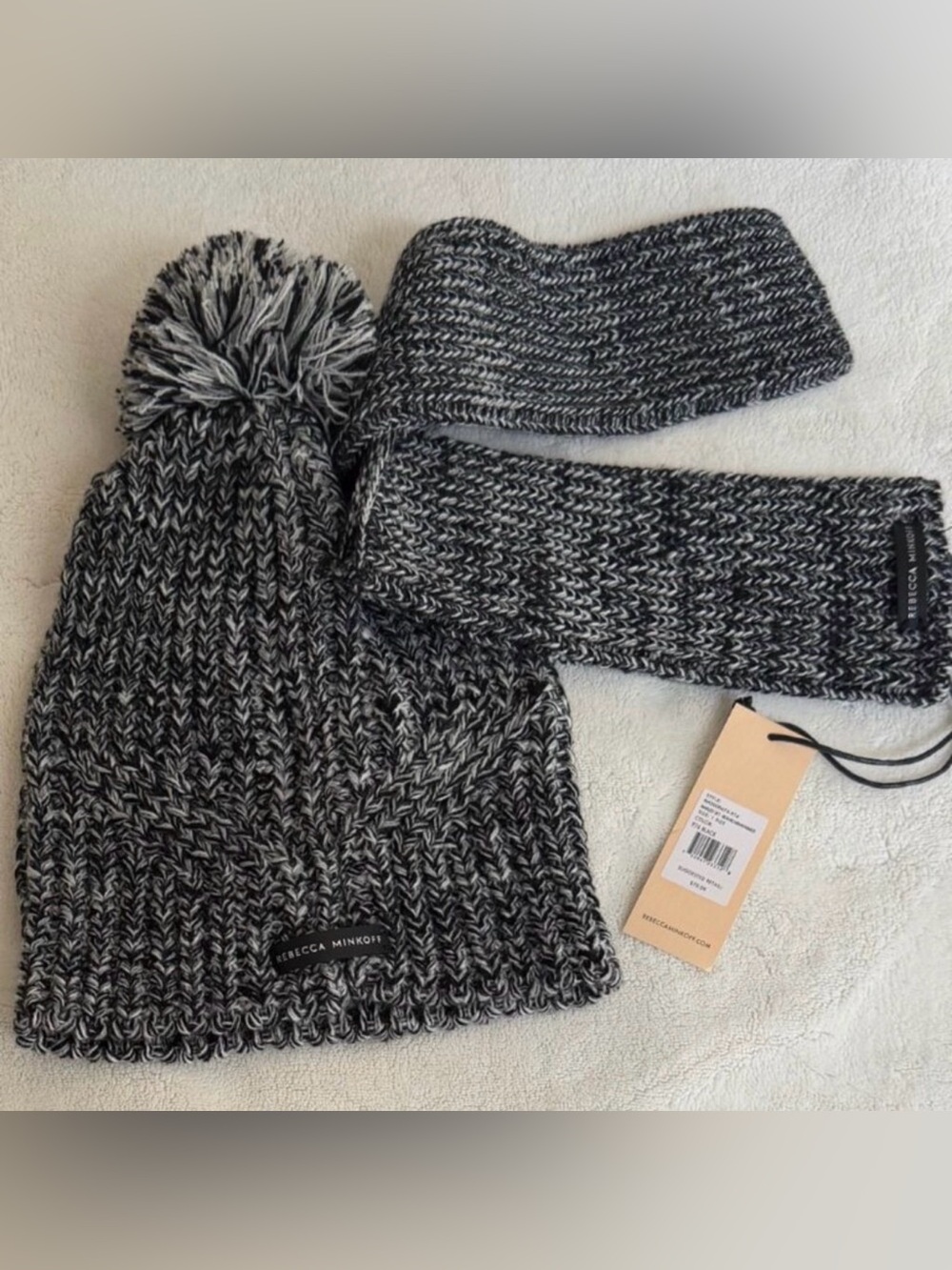 Rebecca Minkoff Black & Gray Marbled Knit Pom Beanie w/ Arm Warmers NWT